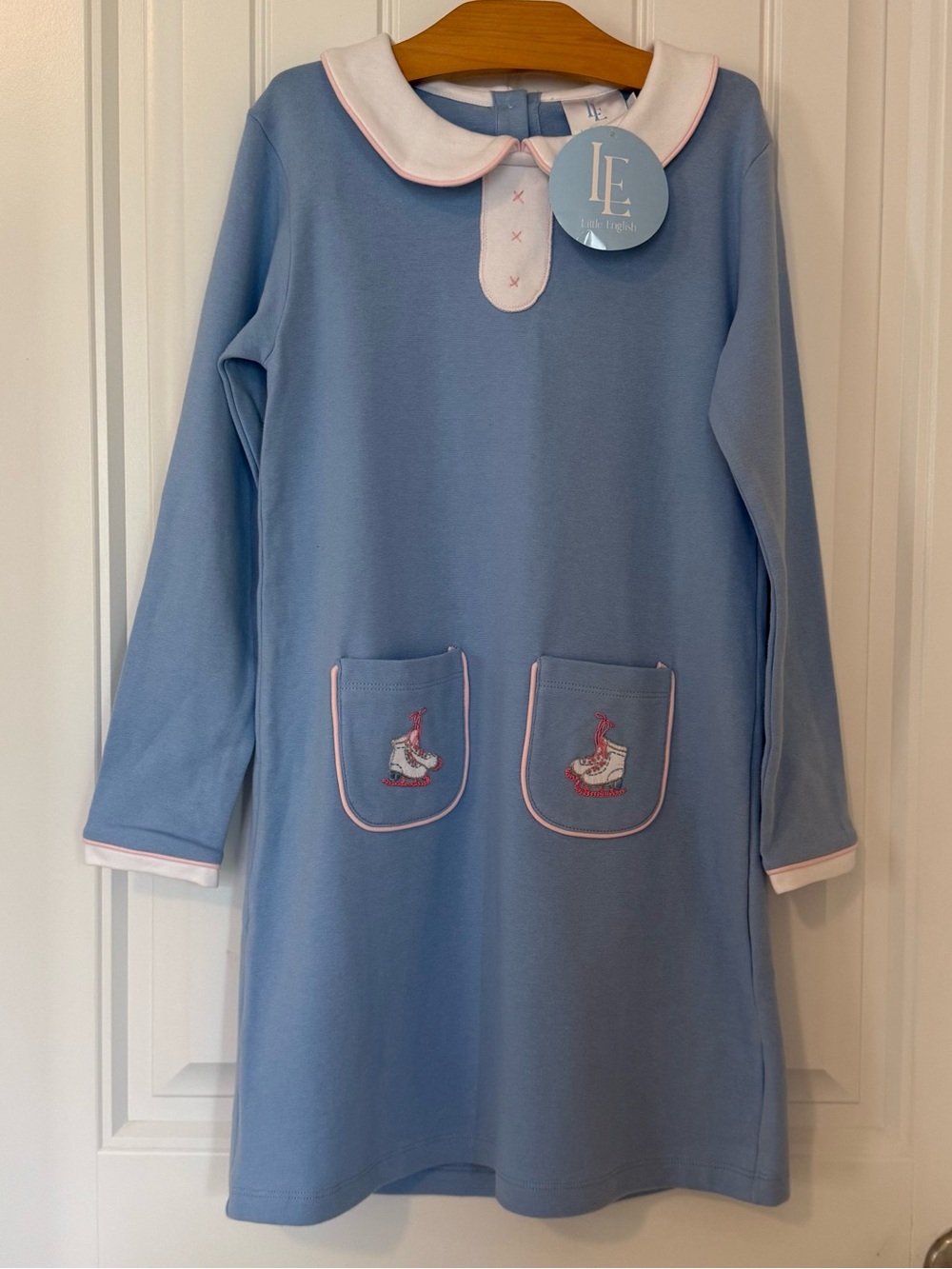 NWT Little English Girls Blue Peter Pan Collar Dress Size 8 Ice Skate Embroidery